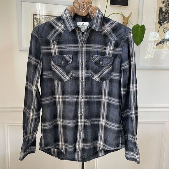 American Eagle Snap Front Plaid Western Style Shirt M - Picture 2 of 8